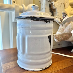 Antique French Enamelware Sucre Canister, Sugar Tin, Kitchen Jar, Country Farmhouse Kitchen
