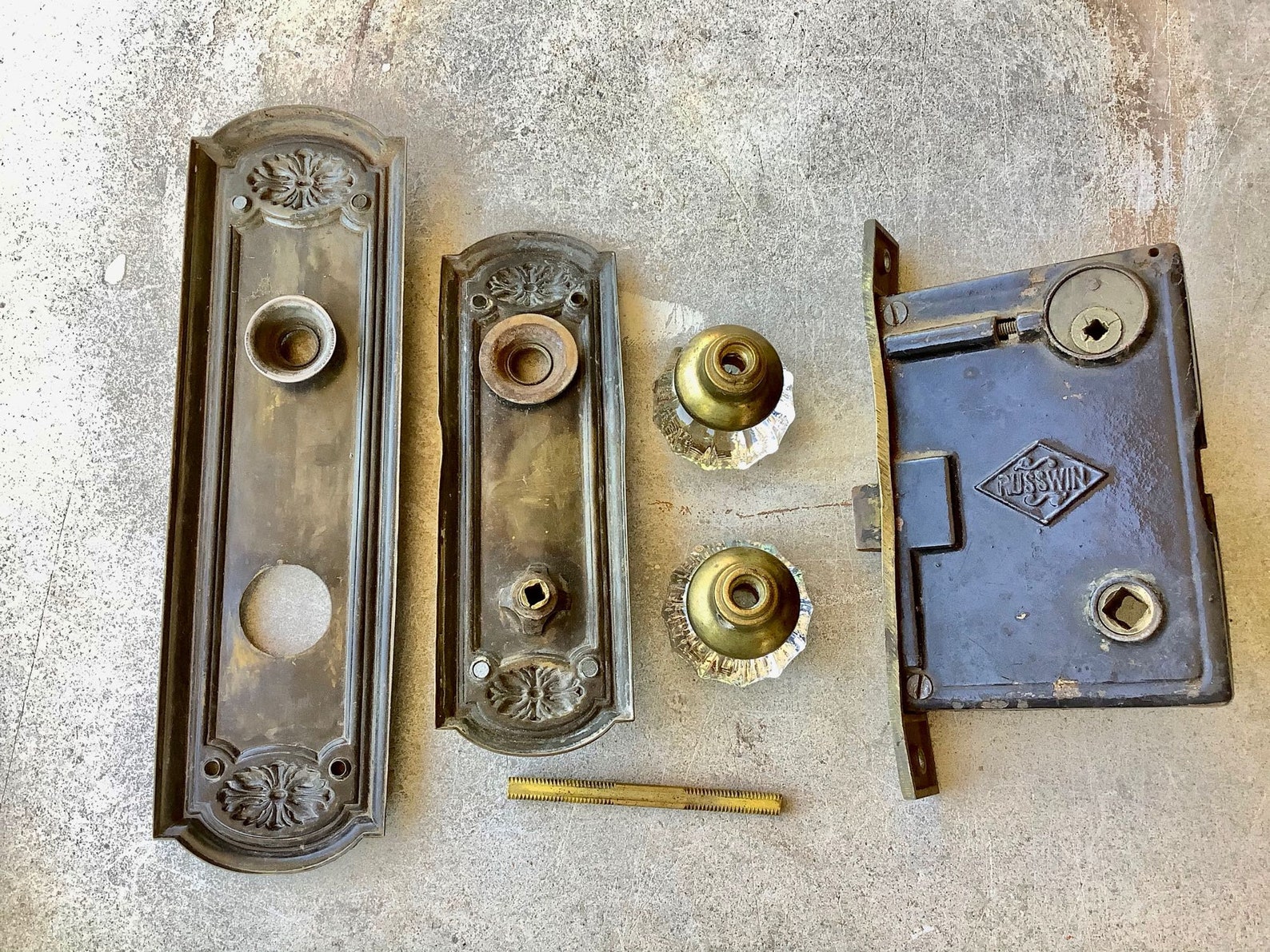 Antique Lock Set With Two Backplates and Glass Knobs Ornate Etsy