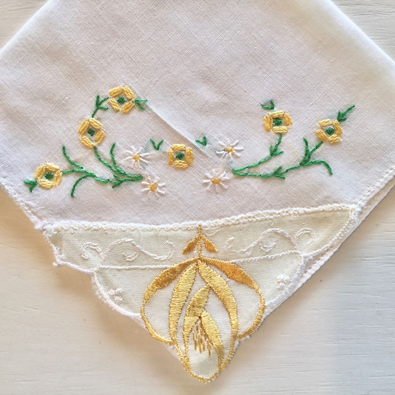 Antique Linen Embroidered Handkerchief, Yellow Fl… - image 2