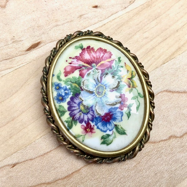 Antique Limoges French Floral Brooch, Large Hand-painted Pin, Pretty Iridescent Painted Flowers