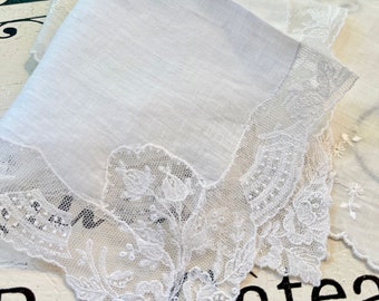 TWO Vintage Linen Handkerchiefs with Beautiful Lace Edge