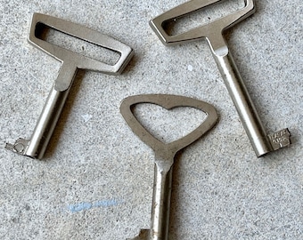 Three Antique Metal Keys, Vintage Architectural Salvage Skeleton Key