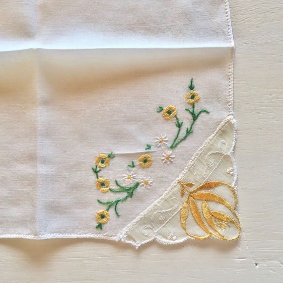 Antique Linen Embroidered Handkerchief, Yellow Fl… - image 7