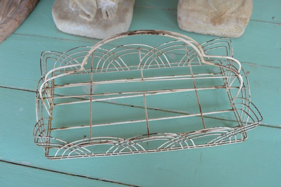 Vintage Decorative Metal Wire Basket Holder Chippy White Etsy