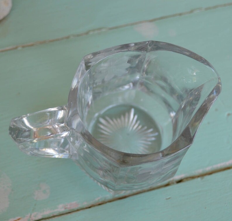 Antique Clear Glass Creamer with Floral Etched Design Small Etsy
