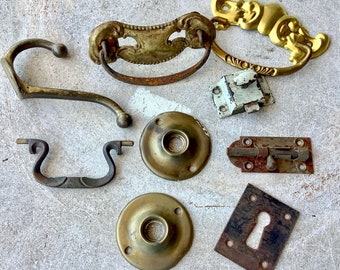 Mixed Lot of Antique and Vintage Salvaged Hardware, Rosetted, Key Plate, Hook, Spring Lock, Handles