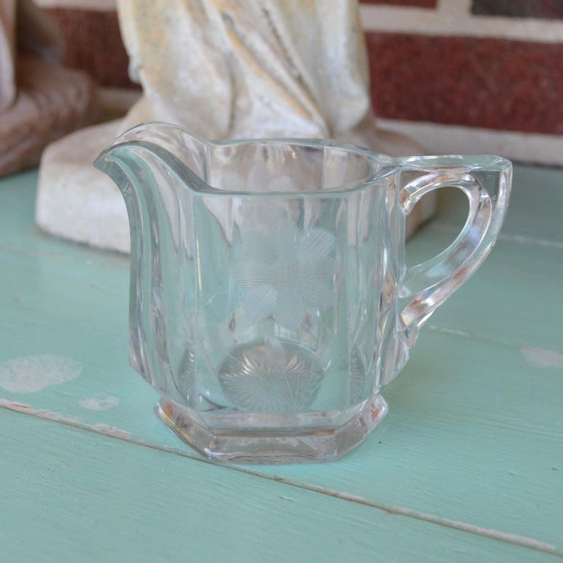Antique Clear Glass Creamer with Floral Etched Design Small Etsy
