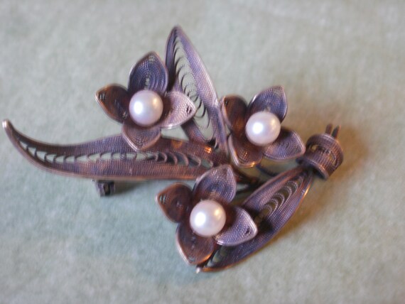 Vintage Japanese Sterling Cultured Pearl Brooch - image 5