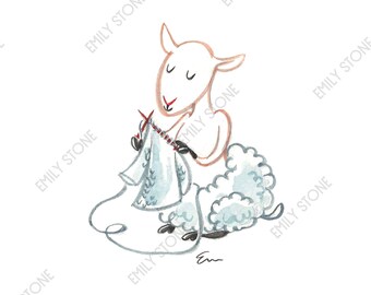 Knitting Sheep Art Print: Funny Lamb Watercolor (5x7" Digital Download)