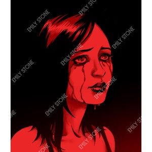 Puede incluir: Una mujer con cabello oscuro y ojos rojos está llorando. Su rostro está iluminado con luz roja, y sus lágrimas parecen ser sangre.