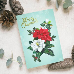 Cartão de flores de Natal para download digital 5 x 7" | Cartão de Natal para impressão em estilo vintage | Arte original do cartão de Natal com poinsétia e magnólia