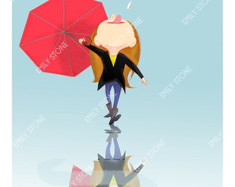 Stampa artistica di Rainy Day Girl: riflesso di un ombrello felice (download digitale)