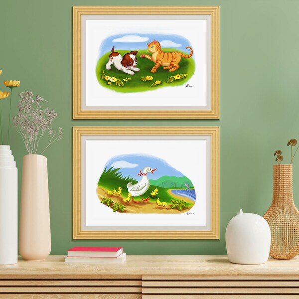 Storybook illustration art print set of 2 digital download 8 x 10" | Dog cat duck ducklings colorful printable art | Kids' room original art