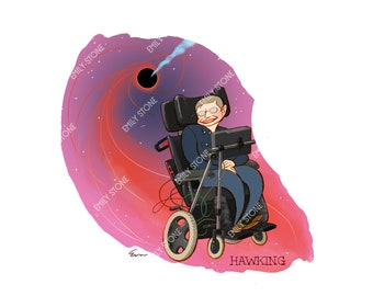 Stephen Hawking art print digital download 5 x 7" | Cute cartoon astronomer original art | Printable educational scientist astronomy art