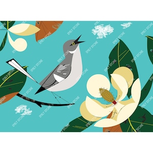 Mockingbird and Magnolia art print digital download 11 x 14&quot; | Midcentury-style printable illustration | Botanical art