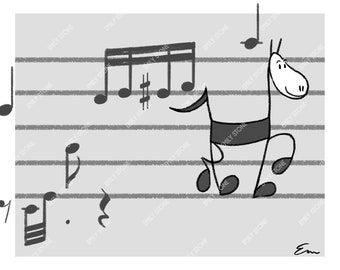 May include: A black and white illustration of a horse walking on a musical staff. The horse is drawn in a simple, cartoon style. The musical staff has notes and a treble clef.