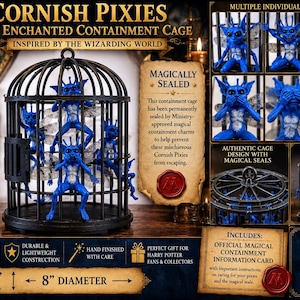 May include: A black metal cage containing multiple blue Cornish Pixie figures with translucent wings. The display features text including CORNISH PIXIES, MAGICALLY SEALED, and a 12-inch height by 8-inch diameter measurement label with a ruler graphic.