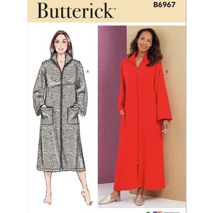 May include: Butterick B6967 sewing pattern featuring two long robes. One robe is a leopard print with a zipper closure and pockets. The other is a solid red robe with a zipper closure. The pattern is designed and printed in the USA.