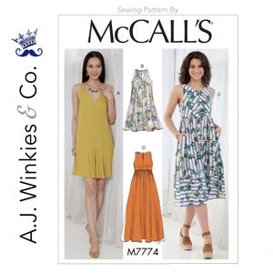 May include: McCall's sewing pattern M7774 featuring four dress designs. The image shows women modeling the dresses. The dresses include a yellow V-neck dress, a floral print dress, a striped dress with pockets, and an orange dress.