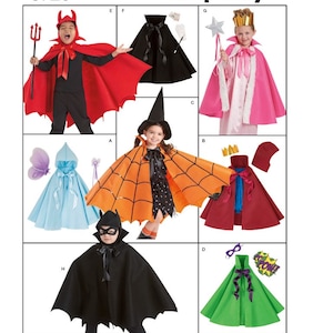 May include: Simplicity pattern 8729 featuring various children's costume designs. Includes a red devil cape, a black skirt, a pink princess cape, a blue hooded cape, an orange spiderweb cape, a red cape, a black bat cape, and a green cape.