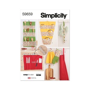 Puede incluir: Patrón de costura Simplicity S9659, proyectos de organización de cocina fáciles de coser.  Incluye patrones para un rollo de cuchillos, un agarrador de ollas, un guante para horno y tres organizadores de pared diferentes.  El patrón está diseñado e impreso en los Estados Unidos.