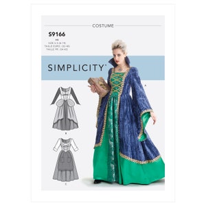Pode incluir: Um padrão de costura Simplicity para um vestido de fantasia. O padrão inclui três estilos diferentes: um vestido de manga comprida com um corpete justo e uma saia cheia, um vestido de manga curta com um corpete justo e uma saia cheia, e um vestido de manga curta com um corpete justo e uma saia franzida. O padrão é para os tamanhos US 16-14, EU 32-40 e FR 34-42.