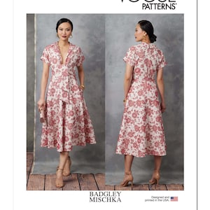 May include: Vogue Patterns V1898 dress pattern by Badgley Mischka. The dress features a floral print in red and white, with short sleeves and a collared neckline. The pattern is designed and printed in the USA.