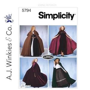 May include: Simplicity sewing pattern 5794 showcasing cape designs. The image displays four cape styles in brown, burgundy, and green. The pattern includes a hooded cape and a velvet cape. The pattern is by Teresa Nordstrom.