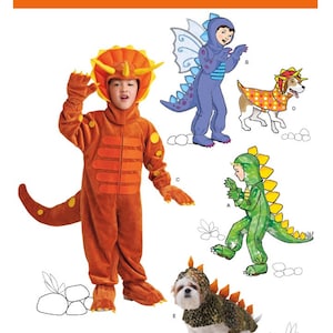 May include: Simplicity sewing pattern number 1765 for making dinosaur costumes for children and pets. The pattern includes a triceratops, a dragon, and a stegosaurus costume.