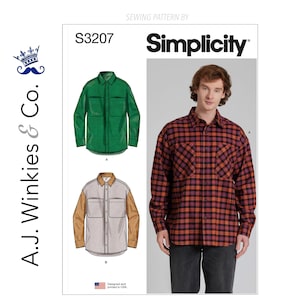 May include: Simplicity sewing pattern S3207. The pattern features illustrations of two button-down shirts, one green and one with brown sleeves. A man models a red and black plaid shirt. The text "Designed and printed in USA" is visible.