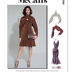 May include: A sewing pattern for a dress and two tops. The dress is brown with a criss-cross detail at the neckline. The tops are a light gray and a burgundy color. The pattern includes multiple view options with simple instructions. "Designed and printed in USA". McCall's M8348.