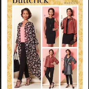 Peut inclure: Un patron de couture pour vêtements féminins, présentant quatre styles différents : une longue veste en tissu imprimé floral, une robe noire sans manches, une veste à motifs rouge et blanc et une veste argentée. Le patron est de Butterick et est de taille A5 (6-8-10-12-14).