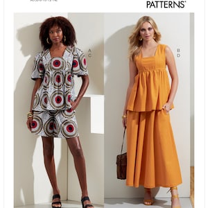 May include: Vogue Patterns sewing pattern for a sleeveless top and skirt, or a short-sleeved top and shorts. The top has a square neckline and a gathered waist. The skirt and shorts have a wide leg. The pattern is for sizes 6-8-10-12-14.