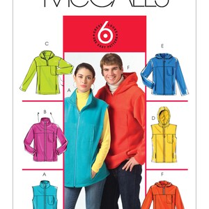 May include: A sewing pattern for six different styles of jackets and vests. The pattern includes a hooded vest, a hooded jacket, a zippered vest, and a zippered jacket in various colors. The pattern is labeled "Great Looks One Easy Pattern".