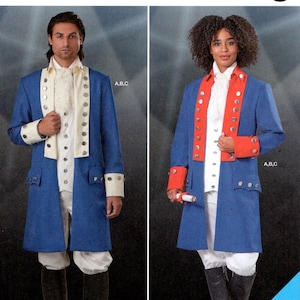 May include: Simplicity Costumes sewing pattern S9252. The pattern features historical costumes, including a blue coat with white accents and a red-trimmed coat. The image includes the text "HISTORICAL SEWING PATTERN". Sizes range from U.S. 34-42.
