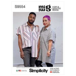 May include: A sewing pattern for a striped shirt with short sleeves. The pattern is from Simplicity and is designed by Mimi G. The pattern number is S9554.