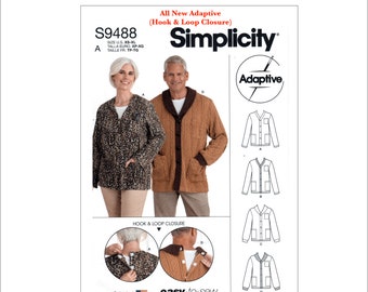 May include: Simplicity sewing pattern number S9488 for an adaptive jacket with hook and loop closure. The pattern includes two different styles of jackets, one with a leopard print and the other with a cable knit design. The pattern is designed for sizes XS-XL.