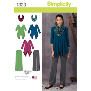 May include: Simplicity sewing pattern number 1323 for a women's top and pants. The pattern includes instructions for making a long-sleeved top with a V-neck and a high-low hemline, and a pair of straight-leg pants. The pattern is illustrated with a model wearing a teal top and gray pants, and a close-up of the pattern pieces.