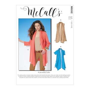 May include: McCall's sewing pattern M8052 with multiple view options. The pattern includes a long coral cardigan, a tan vest, and a short-sleeved blue cardigan. The text "#JanisMcCalls" is also visible.