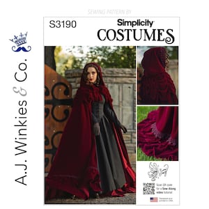 May include: A Simplicity Costumes sewing pattern, S3190, featuring a burgundy velvet hooded cape with a ruffled trim. The image shows a woman wearing the cape over a black dress. The pattern is designed and printed in the USA.