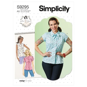 May include: Simplicity sewing pattern S9295 for women's tops. The pattern includes illustrations of different shirt styles, with a woman modeling a light blue floral print shirt. The text "easy-to-sew" is also visible.