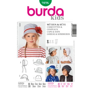 May include: A Burda Kids pattern featuring various children's hat designs. The image showcases a girl wearing a striped hat with a red flower. The pattern includes different hat styles with head circumference measurements in inches.