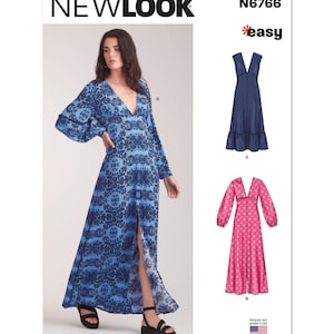 May include: A sewing pattern for a maxi dress with a V-neckline and long sleeves. The pattern includes two variations: one with a solid blue dress and one with a floral print dress. The pattern is labeled "New Look N6766 easy".