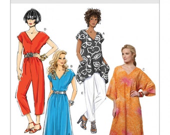 Butterick B5652 Misses' V-Neck Top, Dress, Caftan, Jumpsuit and Pants