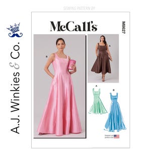 May include: McCall's sewing pattern M8627. The image shows a pink, sleeveless, floor-length dress with a square neckline. Other dress designs in brown, mint green, and blue are also shown. The pattern is designed and printed in the USA.