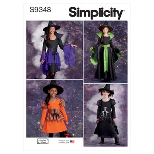 Puede incluir: El patrón Simplicity S9348 presenta cuatro diseños de disfraces de brujas para niños. Los disfraces incluyen sombreros de bruja negros, vestidos en negro, naranja y morado, y varios elementos decorativos. El patrón está diseñado e impreso en EE. UU.