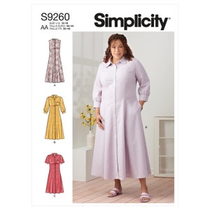 Könnte beinhalten: Simplicity Schnittmuster S9260 für ein langes, geknöpftes Kleid mit drei verschiedenen Ärmelvarianten: ärmellos, kurzarm und langarm. Das Schnittmuster ist in den Größen US 10-18, Talla Euro 36-44 und Taille FR 38-46 erhältlich.