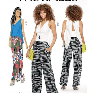 McCalls M7605 Misses&#39; V-Neck Top Back Extension & Pull-On Pants with Drawstring