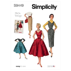 Puede incluir: Patrón de costura Simplicity número S9449 para vestidos vintage de los años 60. El patrón incluye cuatro estilos diferentes: un vestido sin mangas con cuello redondo, un vestido con corpiño ajustado y falda completa, un vestido con corpiño ajustado y falda recta, y una falda con cintura ajustada y falda completa.