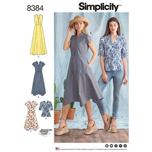 May include: A sewing pattern for a dress and a blouse. The pattern is Simplicity 8384. The dress has a V-neck and a-line skirt. The blouse has a V-neck and short sleeves. The pattern is designed and printed in the USA.